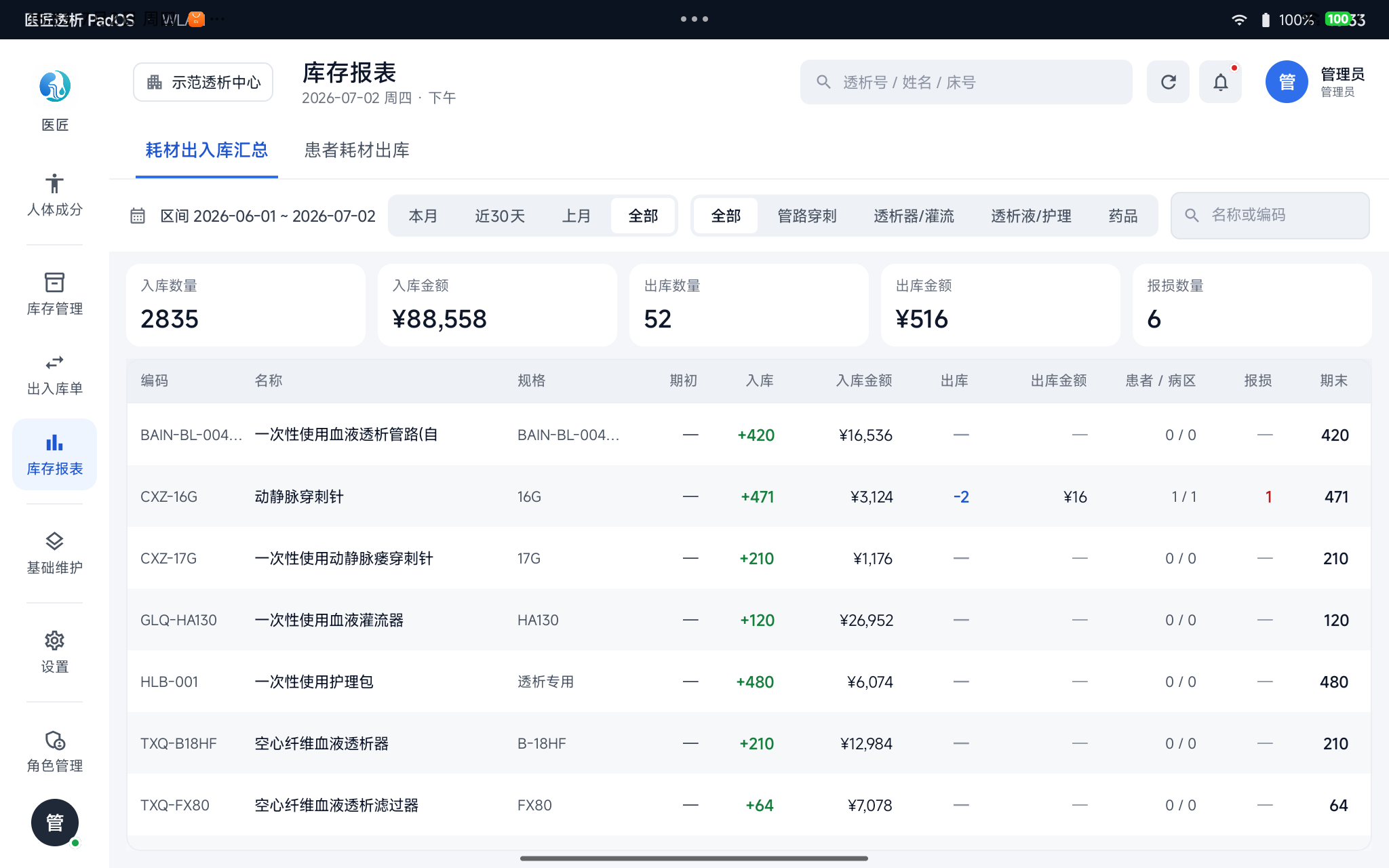 库存报表——耗材出入库汇总(期初/入库/出库/期末)